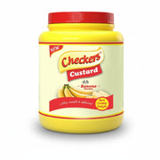 Jar of Checkers Custard with banana flavor on a white background