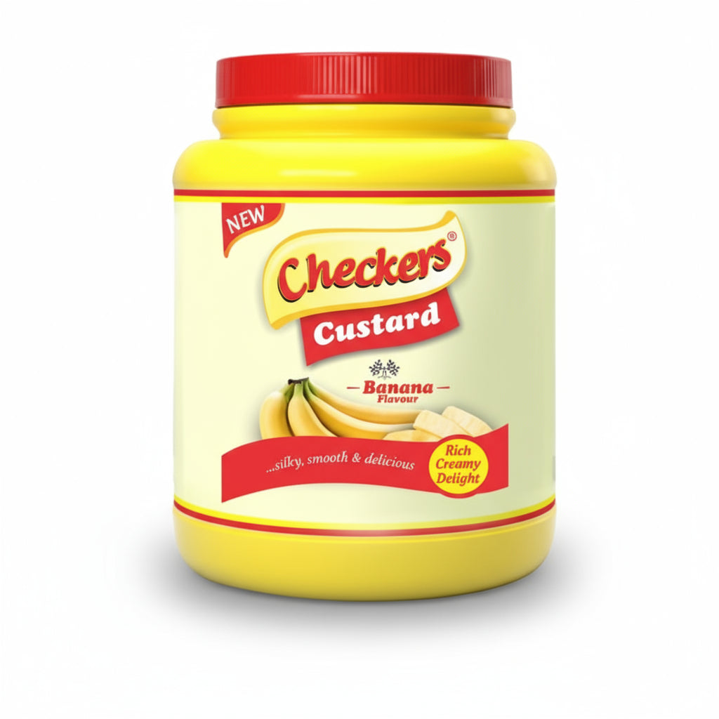 Jar of Checkers Custard with banana flavor on a white background