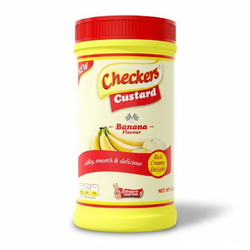 Checkers Custard Banana Flavor powder container on a white background