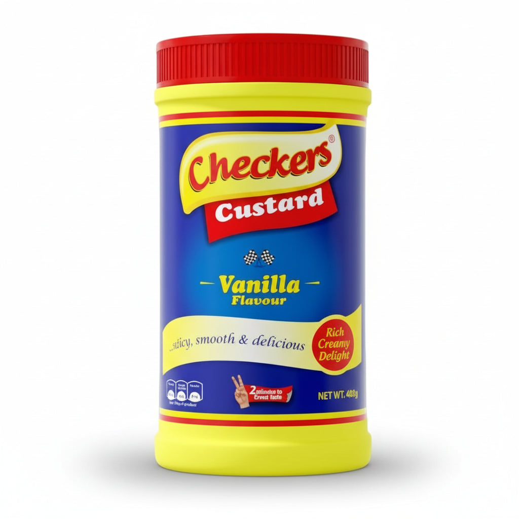 Jar of Checkers Custard with red and yellow lid on a white background