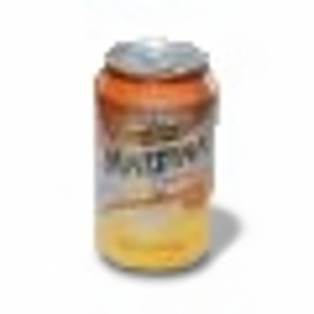 Canned drink with a label featuring text and graphics on a white background